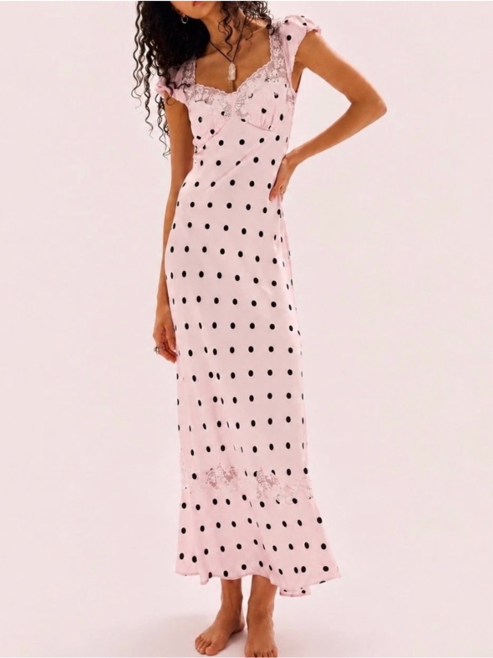 Free People Butterfly Babe Pink with Black Polka Dot Lace-Trim Maxi Dress